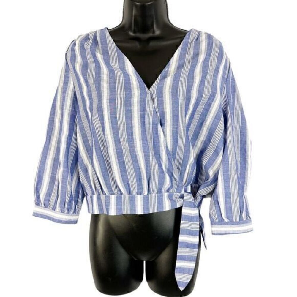 Farrow Josa Wrap Side Tie Striped V‎ Neck Blouse Top Blue White Size Small